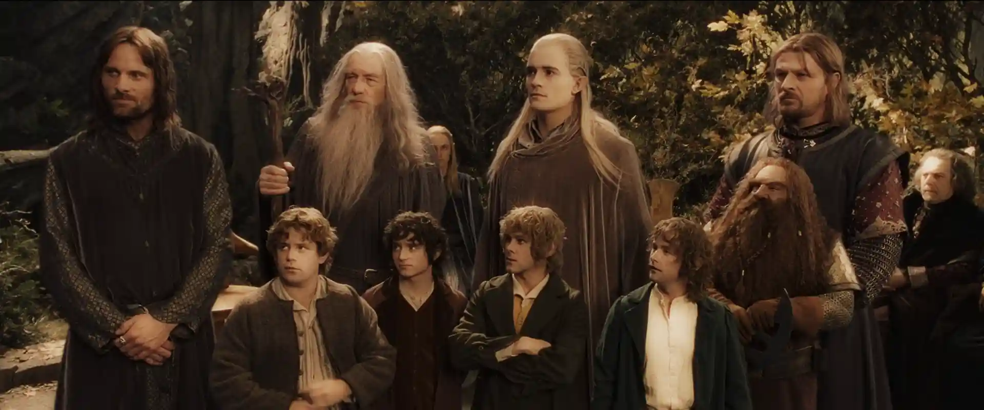 9 members of the Fellowship of the Ring stand in front of the camera.
